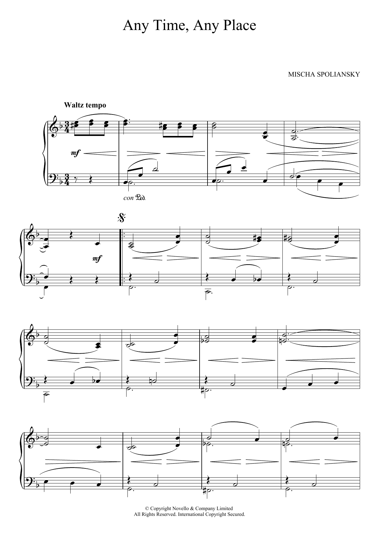 Learn to play Mischa Spoliansky Any Time, Any Place sheet music for Piano Solo in minutes. Price: 7.8900$ Mischa Spoliansky Any Time, Any Place sheet music notes and chords arranged for Piano Solo