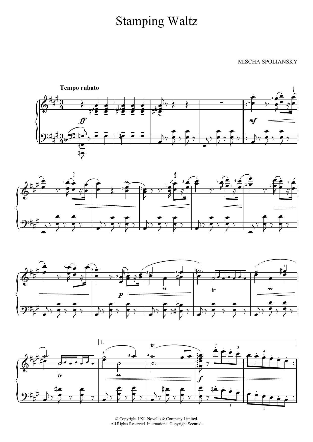 Learn to play Mischa Spoliansky Stamping Waltz sheet music for Piano Solo in minutes. Price: 7.8900$ Mischa Spoliansky Stamping Waltz sheet music notes and chords arranged for Piano Solo