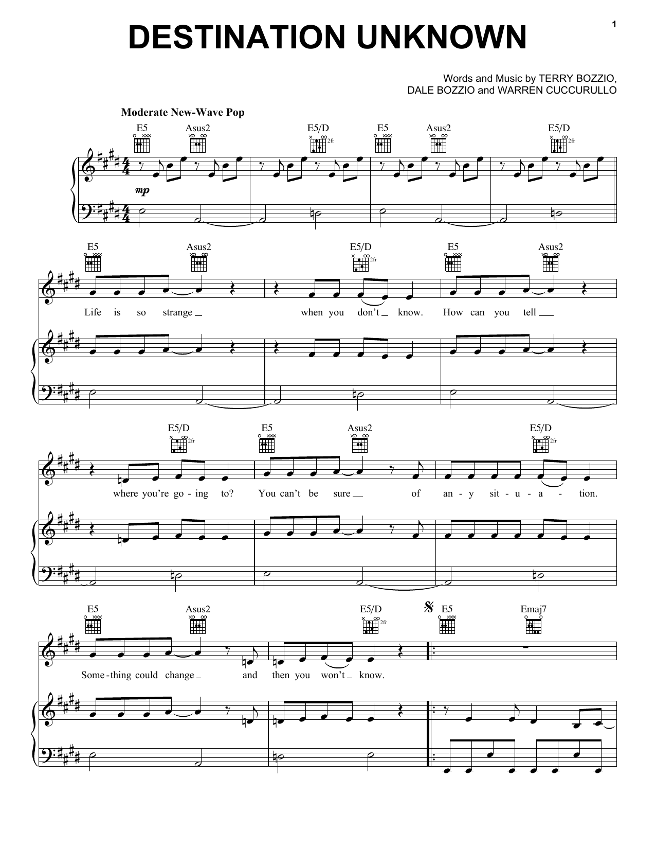 Learn to play Missing Persons Destination Unknown sheet music for Piano, Vocal & Guitar Chords (Right-Hand Melody) in minutes. Price: 7.8900$ Missing Persons Destination Unknown sheet music notes and chords arranged for Piano, Vocal & Guitar Chords (Right-Hand Melody)