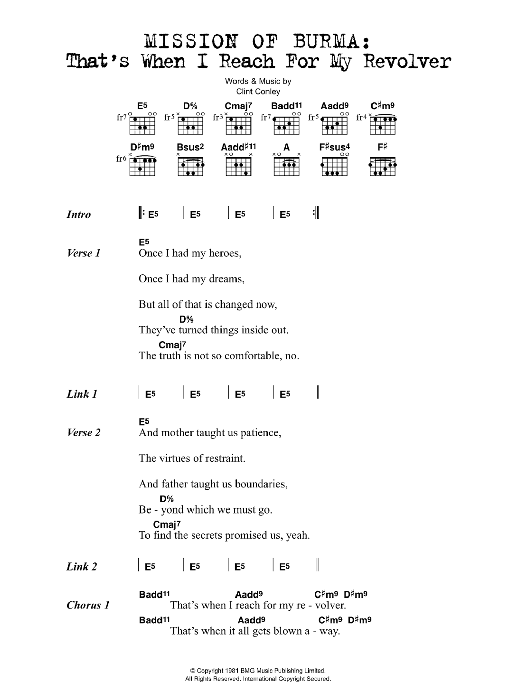 Learn to play Mission Of Burma That's When I Reach For My Revolver sheet music for Guitar Chords/Lyrics in minutes. Price: 4.4900$ Mission Of Burma That's When I Reach For My Revolver sheet music notes and chords arranged for Guitar Chords/Lyrics