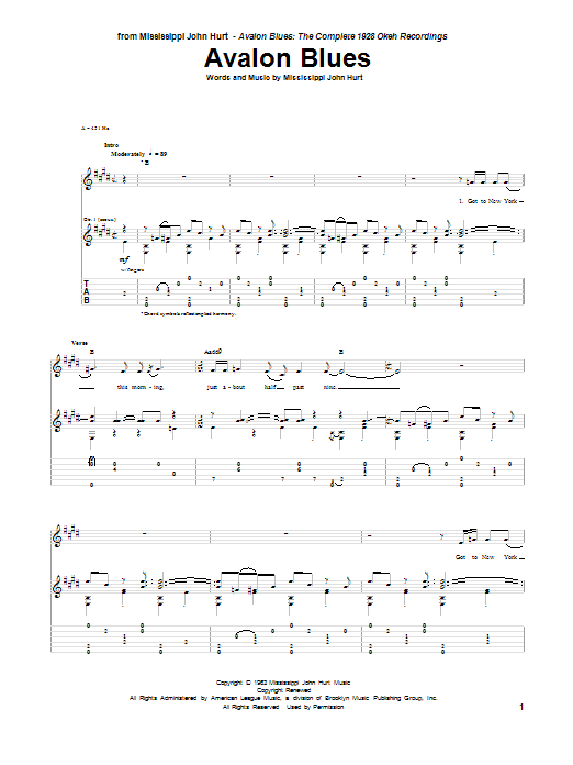 Learn to play Mississippi John Hurt Avalon Blues sheet music for Guitar Tab in minutes. Price: 7.8900$ Mississippi John Hurt Avalon Blues sheet music notes and chords arranged for Guitar Tab