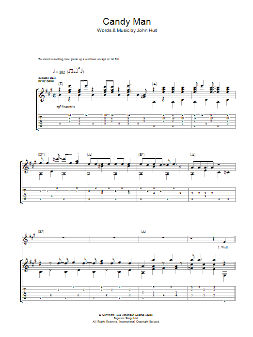 Learn to play Mississippi John Hurt Candy Man sheet music for Guitar Tab in minutes. Price: 7.8900$ Mississippi John Hurt Candy Man sheet music notes and chords arranged for Guitar Tab