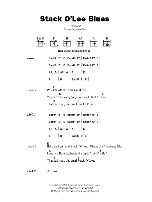 Mississippi John Hurt Stack O' Lee Blues sheet music notes and chords. Download Printable PDF.