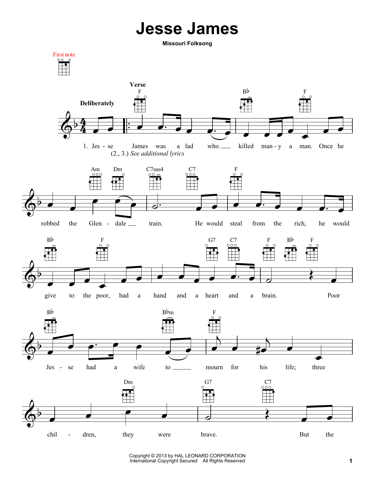 Missouri Folksong Jesse James sheet music notes and chords. Download Printable PDF.