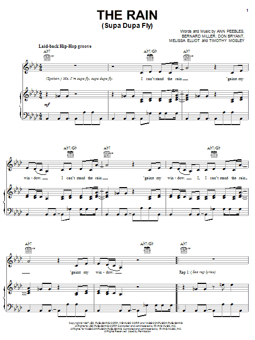 Learn to play Missy Elliott The Rain (Supa Dupa Fly) sheet music for Piano, Vocal & Guitar Chords (Right-Hand Melody) in minutes. Price: 7.8900$ Missy Elliott The Rain (Supa Dupa Fly) sheet music notes and chords arranged for Piano, Vocal & Guitar Chords (Right-Hand Melody)