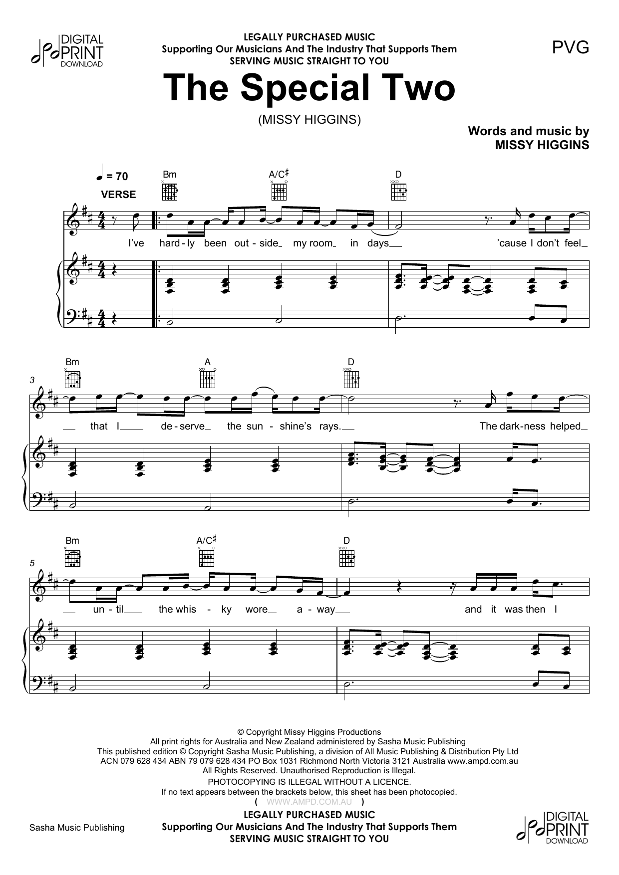 Learn to play Missy Higgins Special Two sheet music for Piano, Vocal & Guitar Chords (Right-Hand Melody) in minutes. Price: 7.8900$ Missy Higgins Special Two sheet music notes and chords arranged for Piano, Vocal & Guitar Chords (Right-Hand Melody)