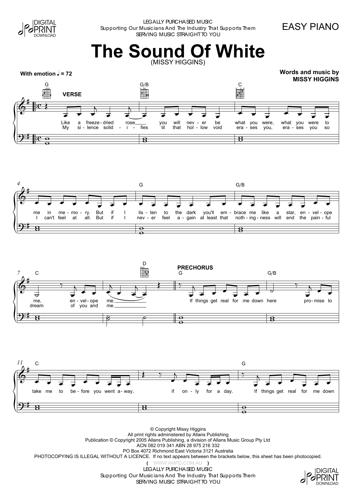 Missy Higgins The Sound Of White sheet music notes and chords. Download Printable PDF.