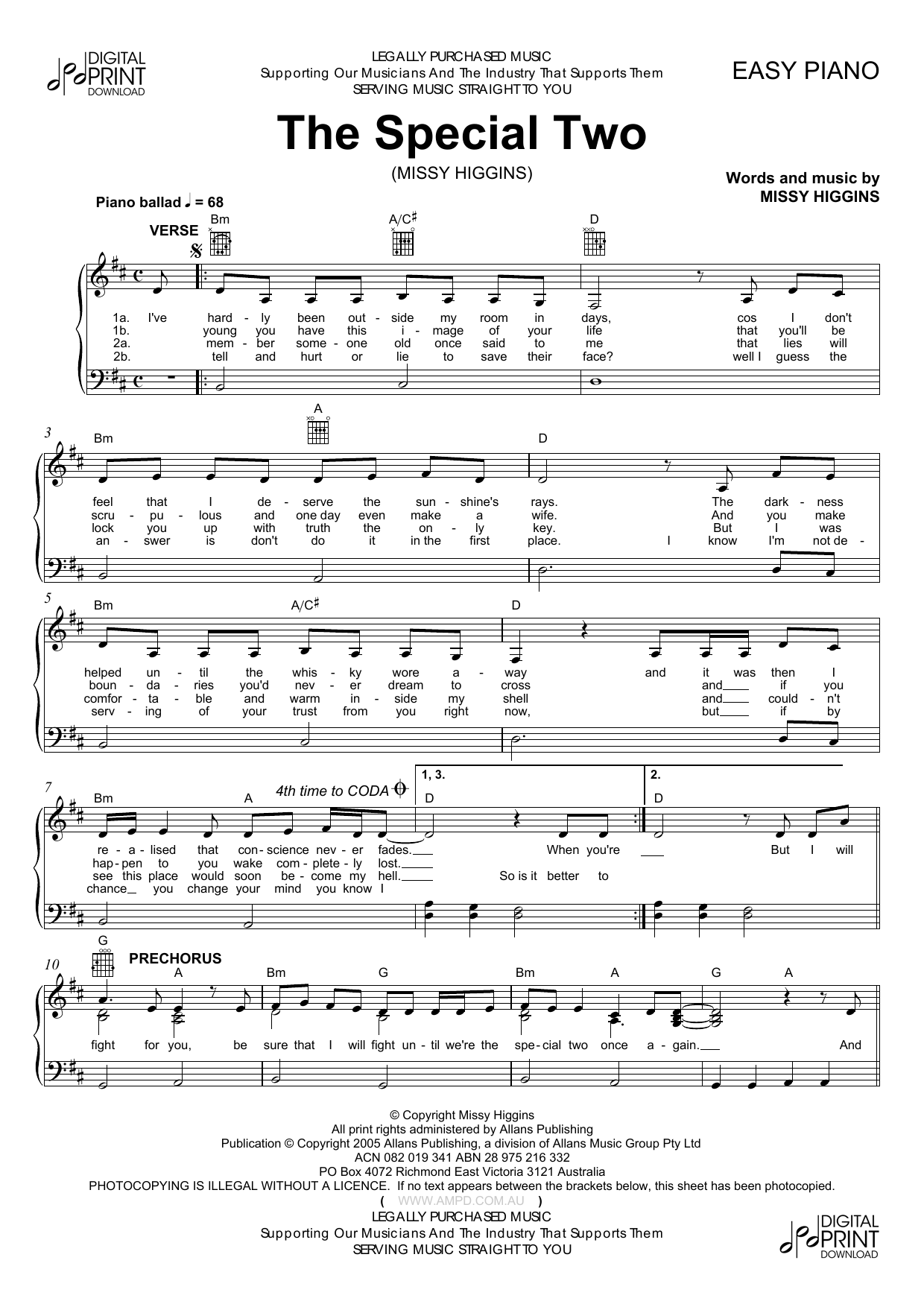 Missy Higgins The Special Two sheet music notes and chords arranged for Easy Piano