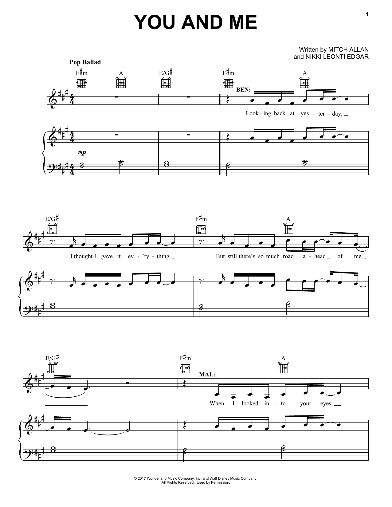 Mitch Allan You And Me (from Disney's Descendants 2) sheet music notes and chords. Download Printable PDF.