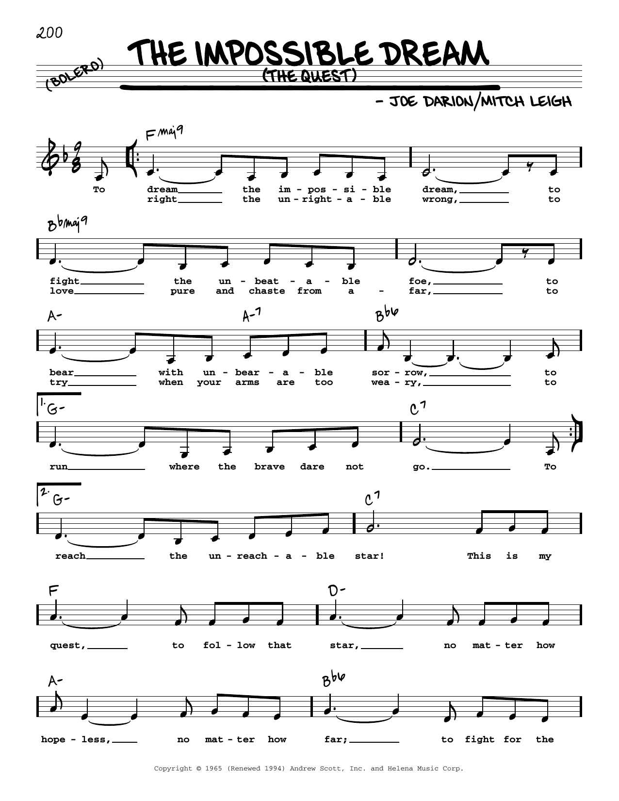 Mitch Leigh The Impossible Dream (The Quest) (Low Voice) sheet music notes and chords. Download Printable PDF.