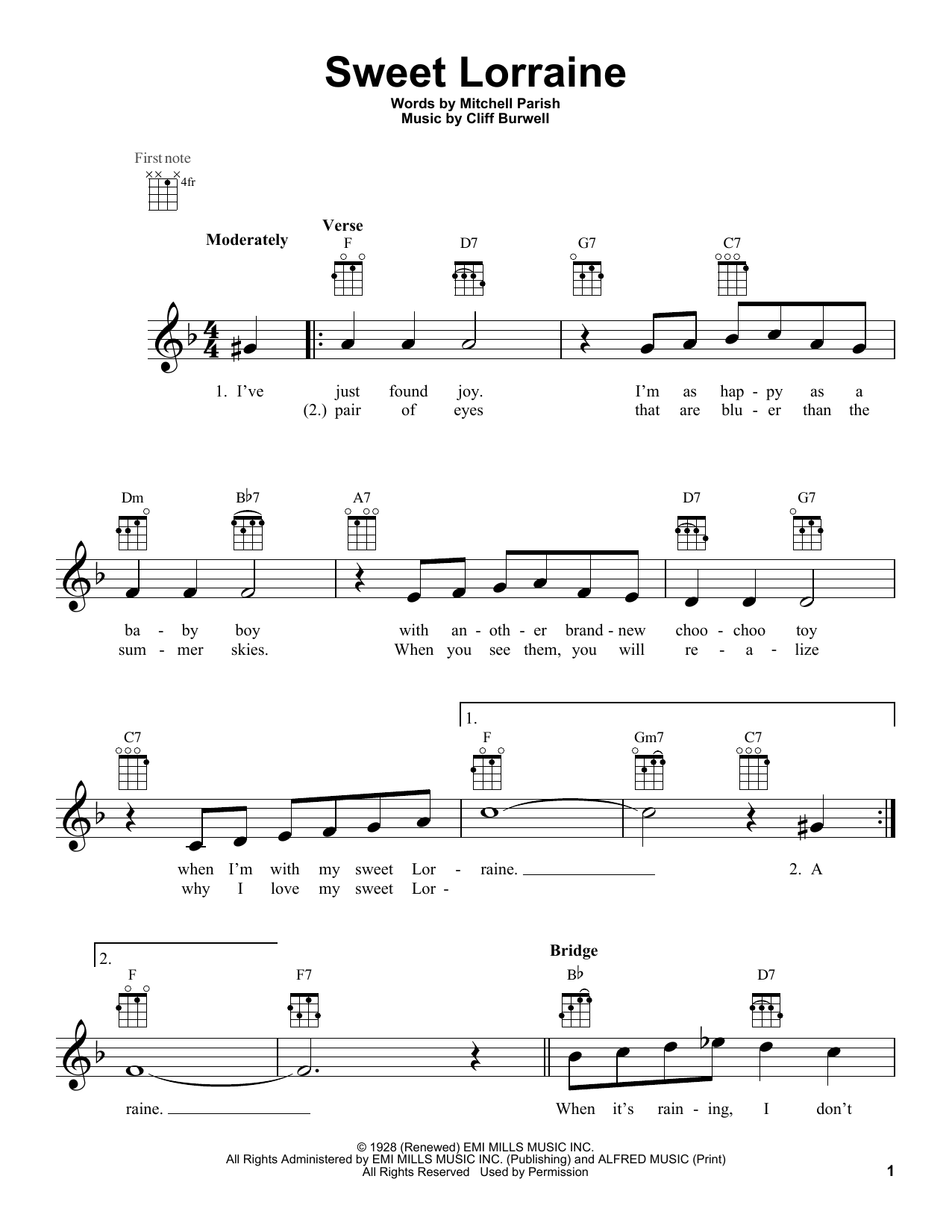 Learn to play Mitchell Parish and Cliff Burwell Sweet Lorraine sheet music for Ukulele in minutes. Price: 5.9900$ Mitchell Parish and Cliff Burwell Sweet Lorraine sheet music notes and chords arranged for Ukulele