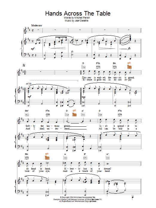 Learn to play Sarah Vaughan Hands Across The Table sheet music for Piano, Vocal & Guitar Chords (Right-Hand Melody) in minutes. Price: 7.8900$ Sarah Vaughan Hands Across The Table sheet music notes and chords arranged for Piano, Vocal & Guitar Chords (Right-Hand Melody)