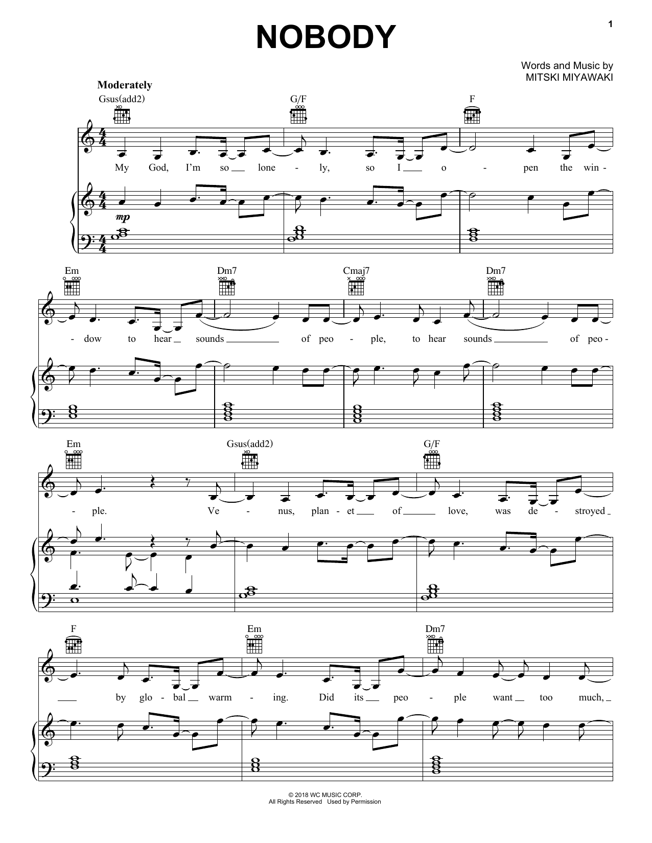 Mitski Nobody sheet music notes and chords. Download Printable PDF.