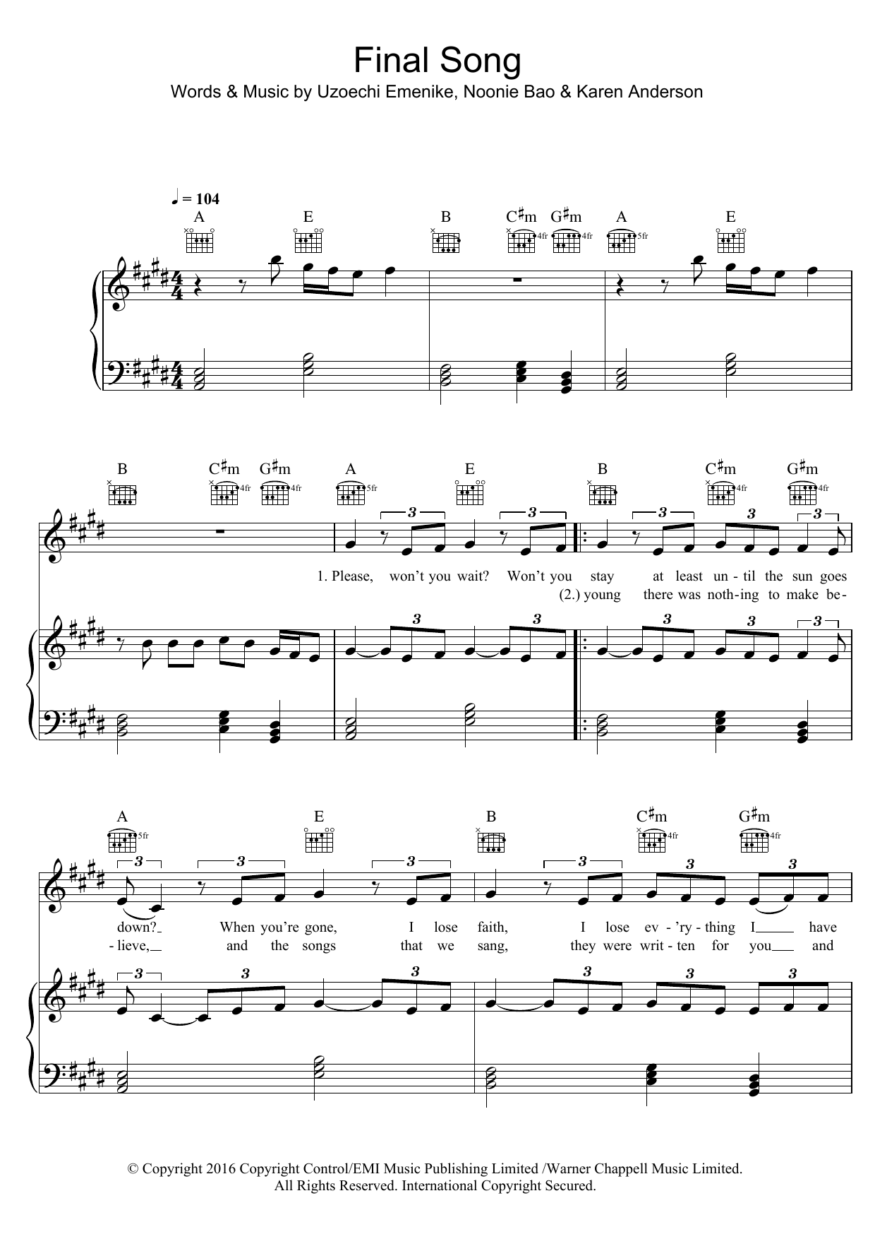 Learn to play MØ Final Song sheet music for Piano, Vocal & Guitar Chords in minutes. Price: 7.8900$ MØ Final Song sheet music notes and chords arranged for Piano, Vocal & Guitar Chords