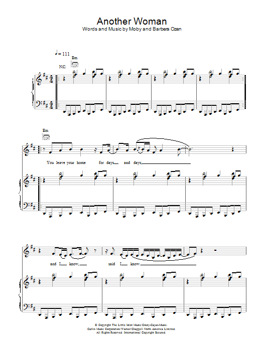 Learn to play Moby Another Woman sheet music for Piano, Vocal & Guitar Chords in minutes. Price: 7.8900$ Moby Another Woman sheet music notes and chords arranged for Piano, Vocal & Guitar Chords