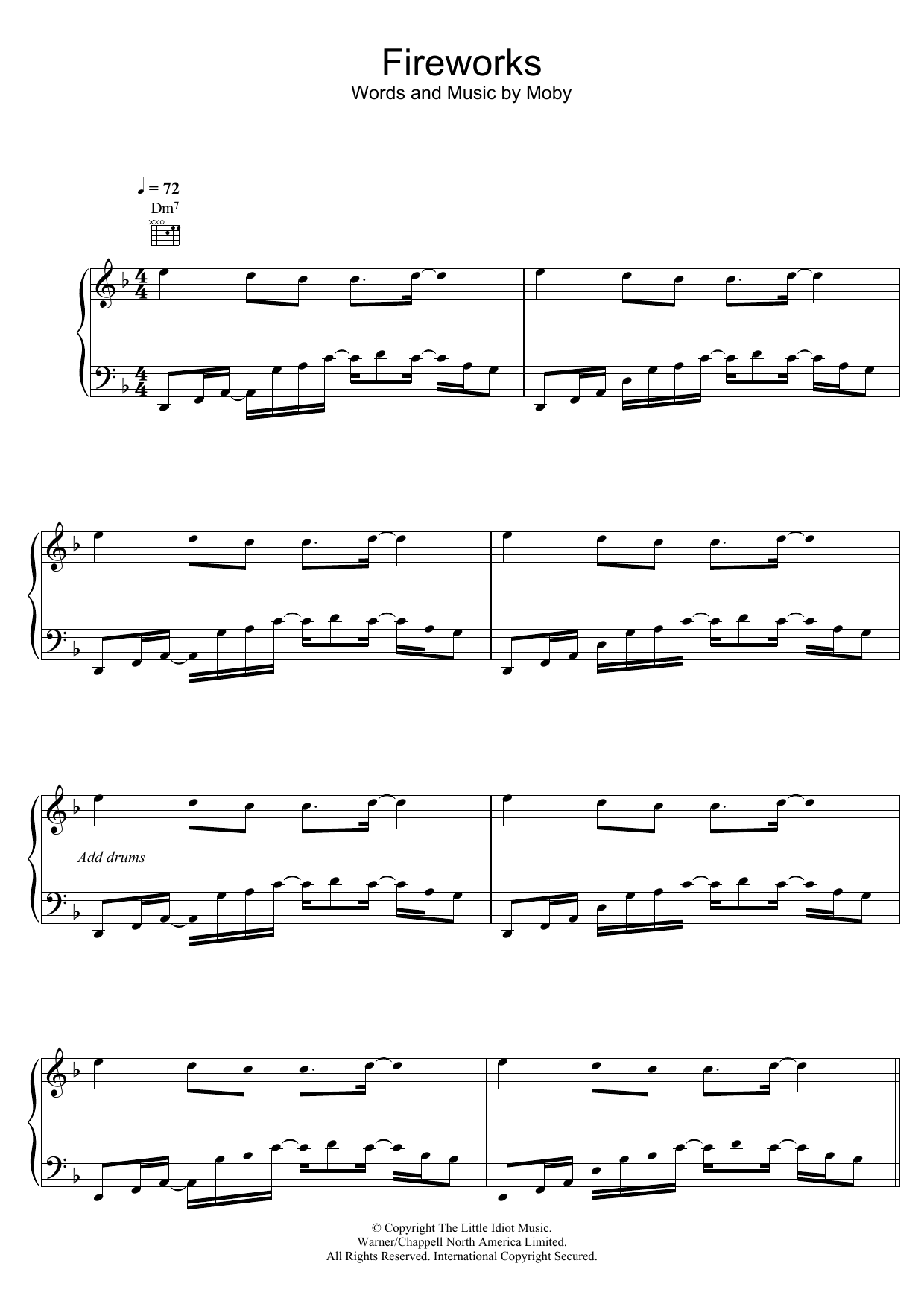 Learn to play Moby Fireworks sheet music for Piano Solo in minutes. Price: 7.8900$ Moby Fireworks sheet music notes and chords arranged for Piano Solo