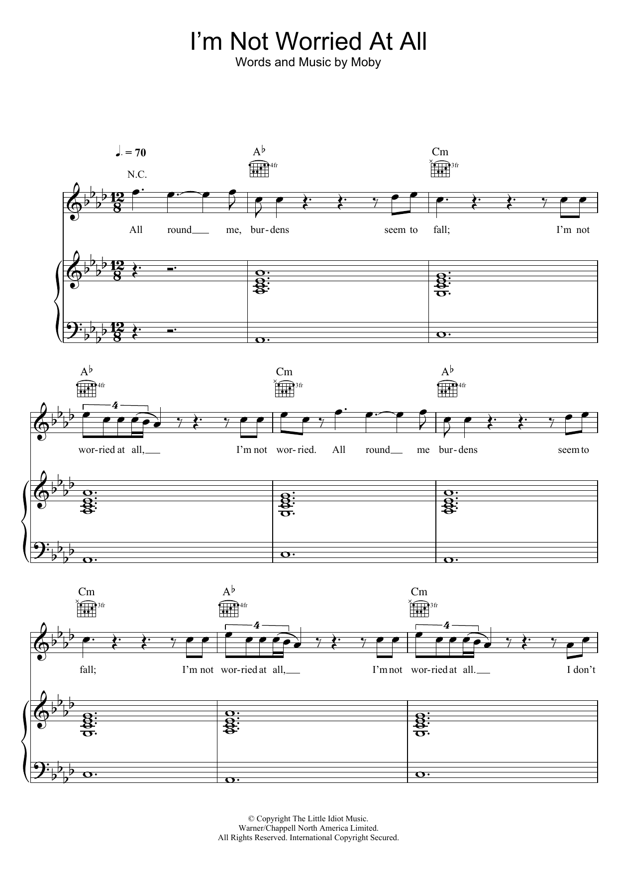 Learn to play Moby I'm Not Worried At All sheet music for Piano, Vocal & Guitar Chords in minutes. Price: 7.8900$ Moby I'm Not Worried At All sheet music notes and chords arranged for Piano, Vocal & Guitar Chords