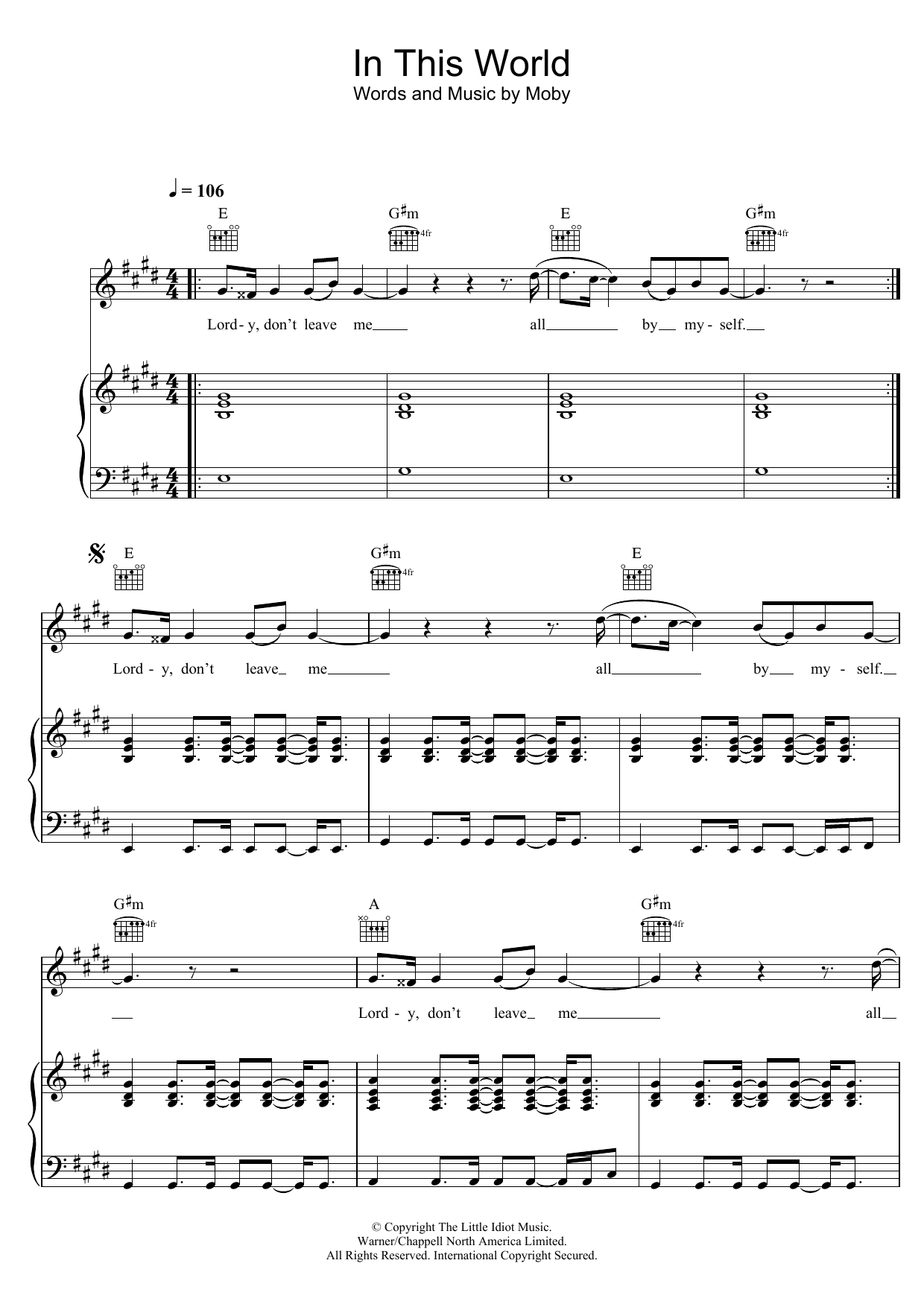 Learn to play Moby In This World sheet music for Piano, Vocal & Guitar Chords in minutes. Price: 7.8900$ Moby In This World sheet music notes and chords arranged for Piano, Vocal & Guitar Chords