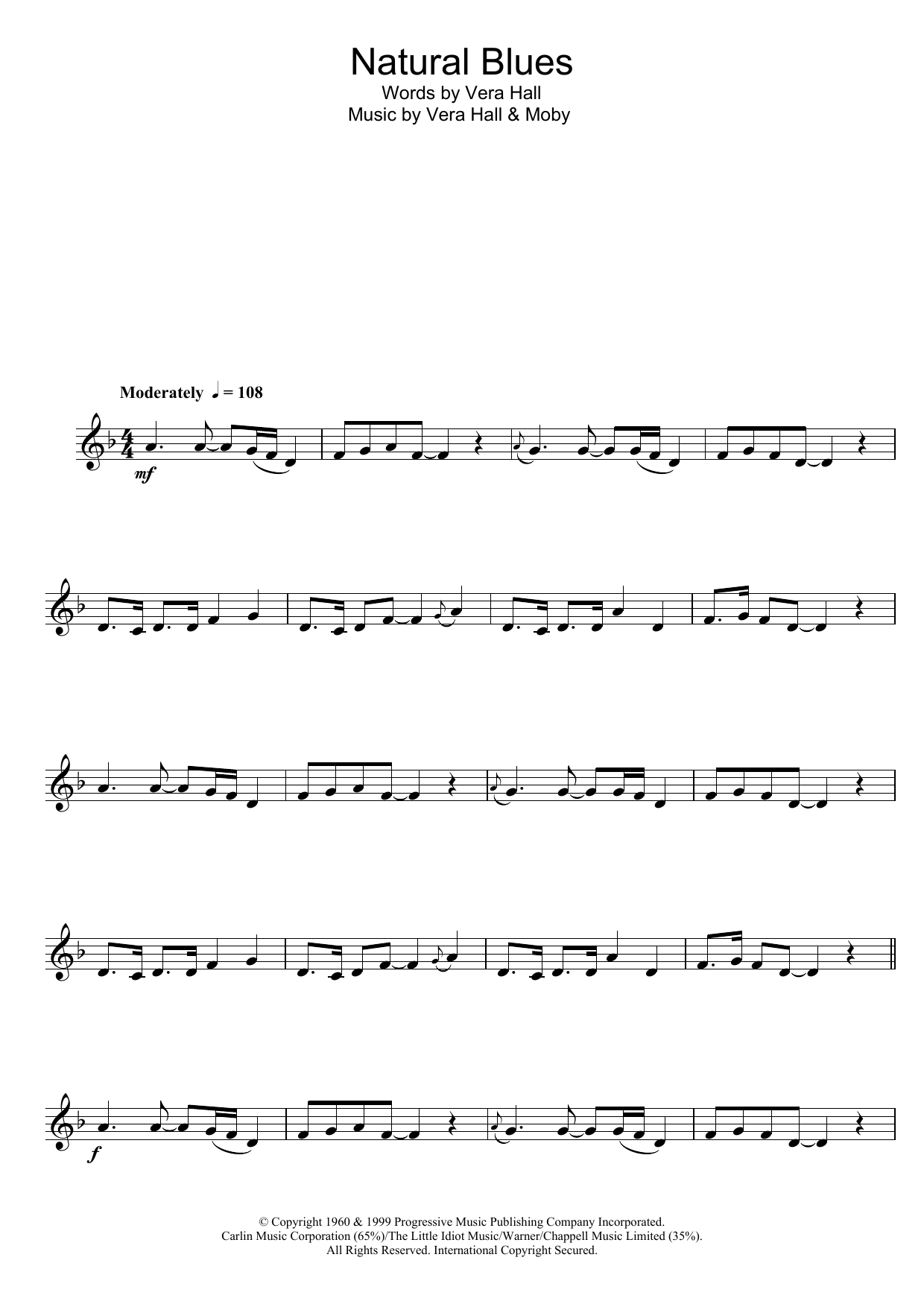 Moby Natural Blues sheet music notes and chords. Download Printable PDF.