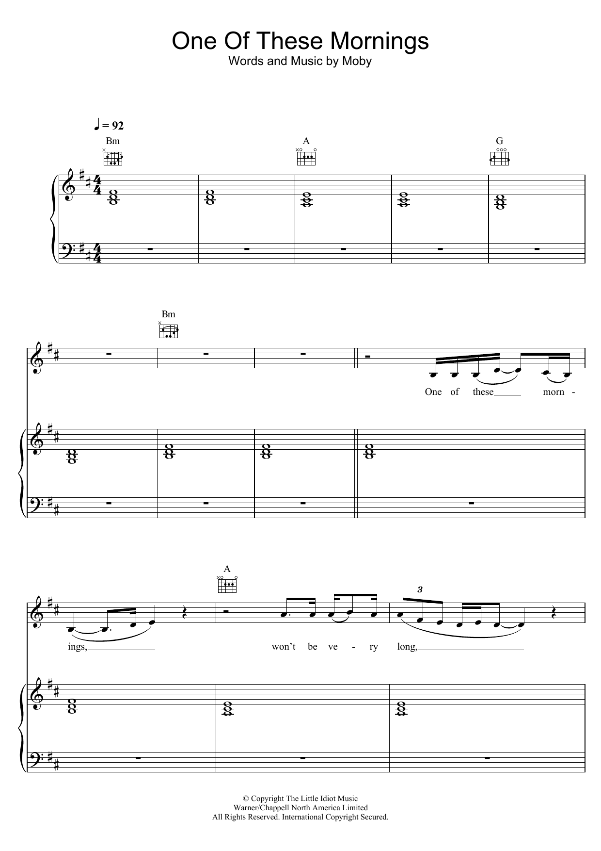 Learn to play Moby One Of These Mornings sheet music for Piano, Vocal & Guitar Chords in minutes. Price: 7.8900$ Moby One Of These Mornings sheet music notes and chords arranged for Piano, Vocal & Guitar Chords