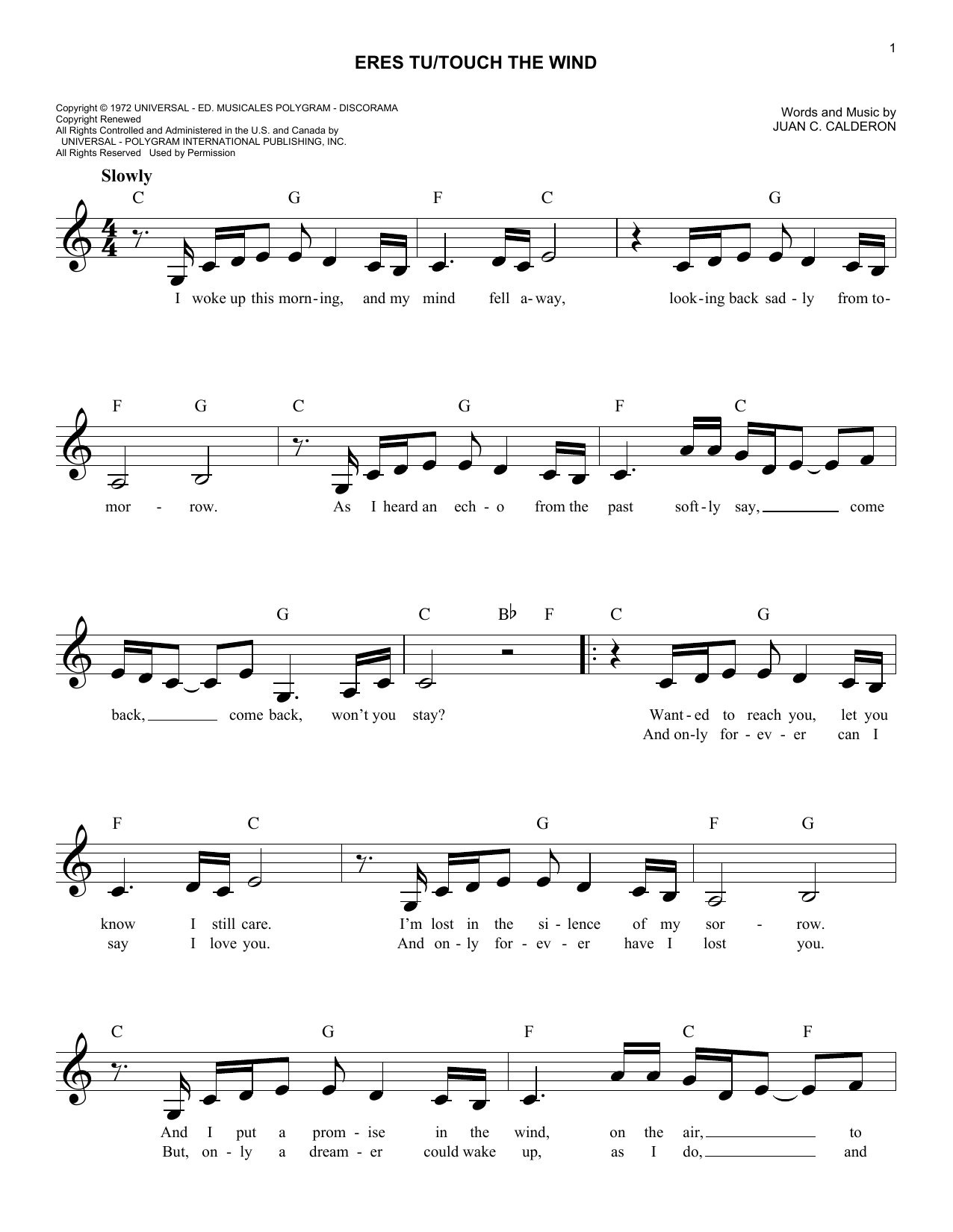 Mocedades Eres Tu/Touch The Wind sheet music notes and chords. Download Printable PDF.