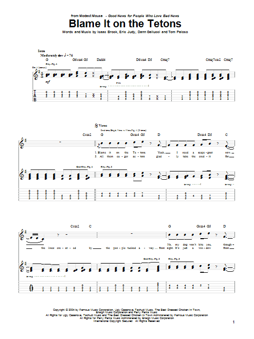Learn to play Modest Mouse Blame It On The Tetons sheet music for Guitar Tab in minutes. Price: 7.8900$ Modest Mouse Blame It On The Tetons sheet music notes and chords arranged for Guitar Tab