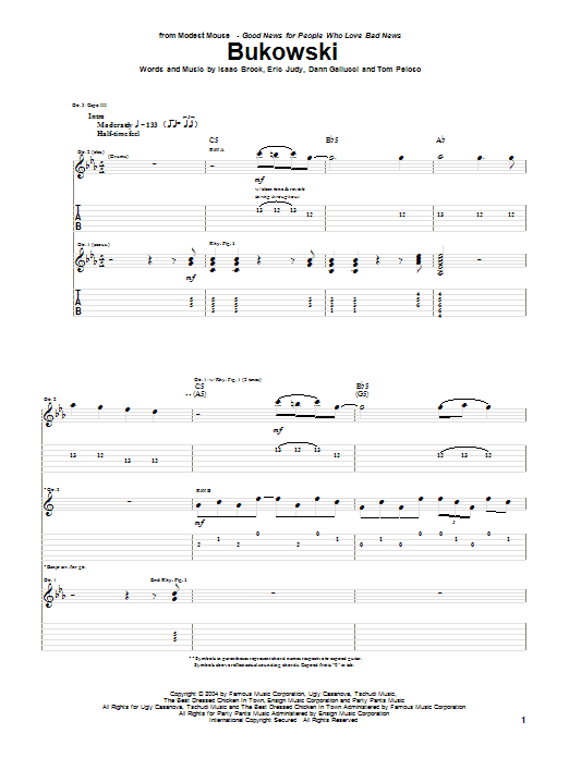 Learn to play Modest Mouse Bukowski sheet music for Guitar Tab in minutes. Price: 7.8900$ Modest Mouse Bukowski sheet music notes and chords arranged for Guitar Tab