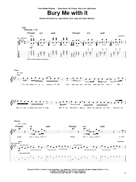 Learn to play Modest Mouse Bury Me With It sheet music for Guitar Tab in minutes. Price: 7.8900$ Modest Mouse Bury Me With It sheet music notes and chords arranged for Guitar Tab