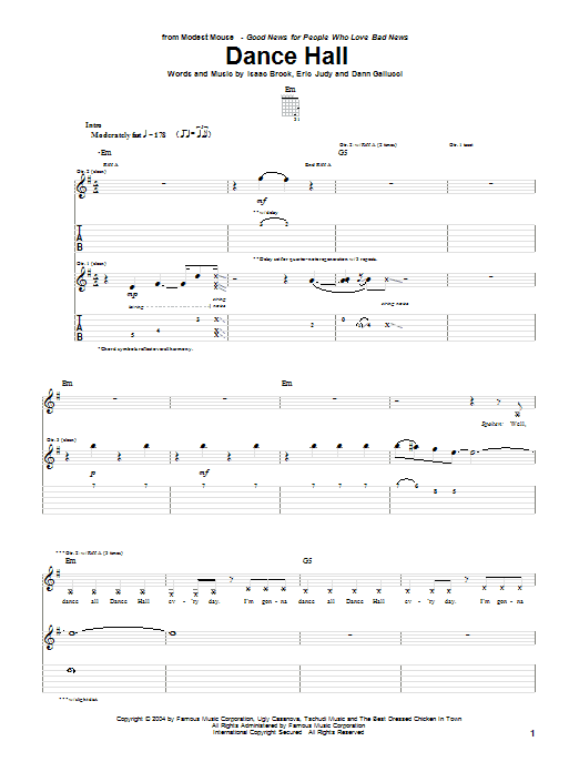 Learn to play Modest Mouse Dance Hall sheet music for Guitar Tab in minutes. Price: 7.8900$ Modest Mouse Dance Hall sheet music notes and chords arranged for Guitar Tab