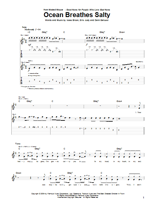 Learn to play Modest Mouse Ocean Breathes Salty sheet music for Guitar Tab in minutes. Price: 7.8900$ Modest Mouse Ocean Breathes Salty sheet music notes and chords arranged for Guitar Tab