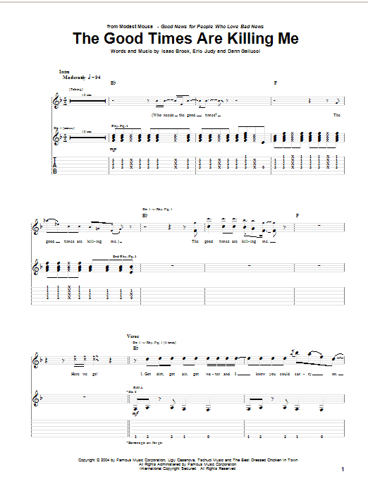 Learn to play Modest Mouse The Good Times Are Killing Me sheet music for Guitar Tab in minutes. Price: 7.8900$ Modest Mouse The Good Times Are Killing Me sheet music notes and chords arranged for Guitar Tab