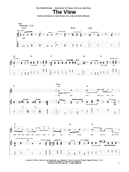 Learn to play Modest Mouse The View sheet music for Guitar Tab in minutes. Price: 7.8900$ Modest Mouse The View sheet music notes and chords arranged for Guitar Tab