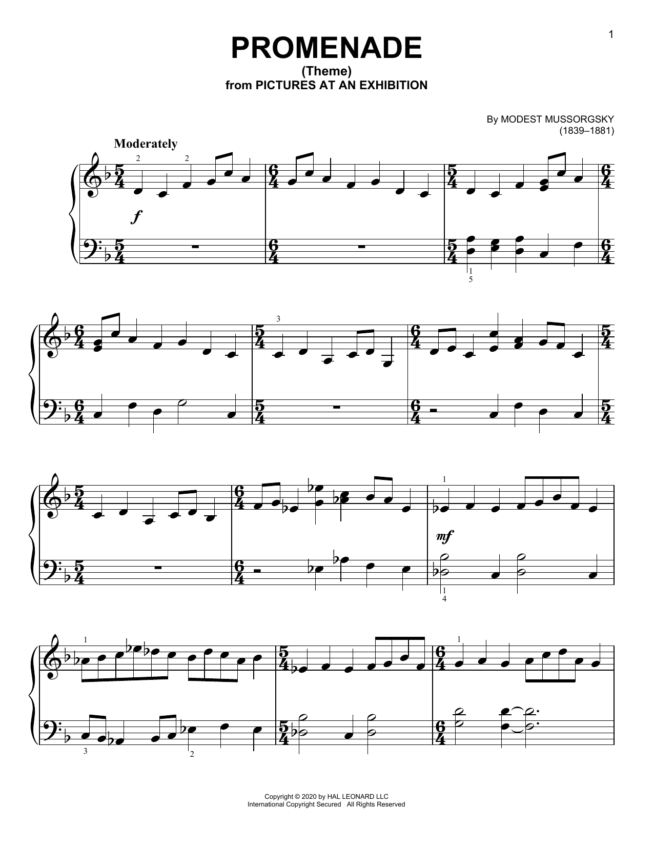 Modest Moussorgsky Promenade Theme sheet music notes and chords. Download Printable PDF.