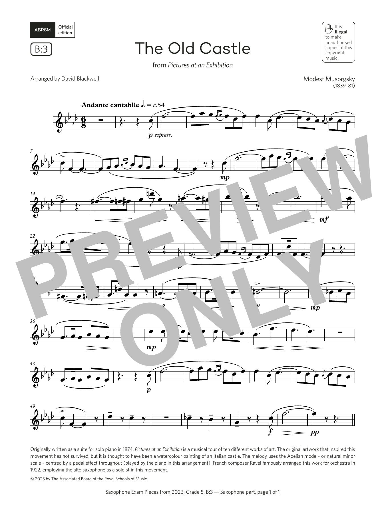 Learn to play Modest Petrovich Musorgsky The Old Castle (Grade 5, list B3, from the ABRSM Saxophone Syllabus from 2026) sheet music for Alto Sax Solo in minutes. Price: 5.9900$ Modest Petrovich Musorgsky The Old Castle (Grade 5, list B3, from the ABRSM Saxophone Syllabus from 2026) sheet music notes and chords arranged for Alto Sax Solo