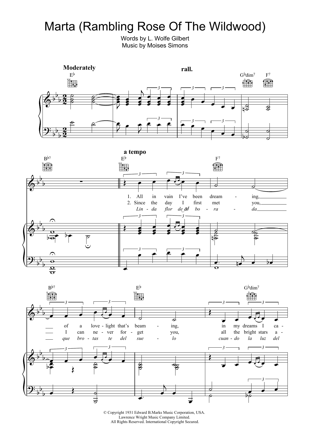 Learn to play Moises Simons Marta (Rambling Rose Of The Wildwood) sheet music for Piano, Vocal & Guitar Chords in minutes. Price: 7.8900$ Moises Simons Marta (Rambling Rose Of The Wildwood) sheet music notes and chords arranged for Piano, Vocal & Guitar Chords