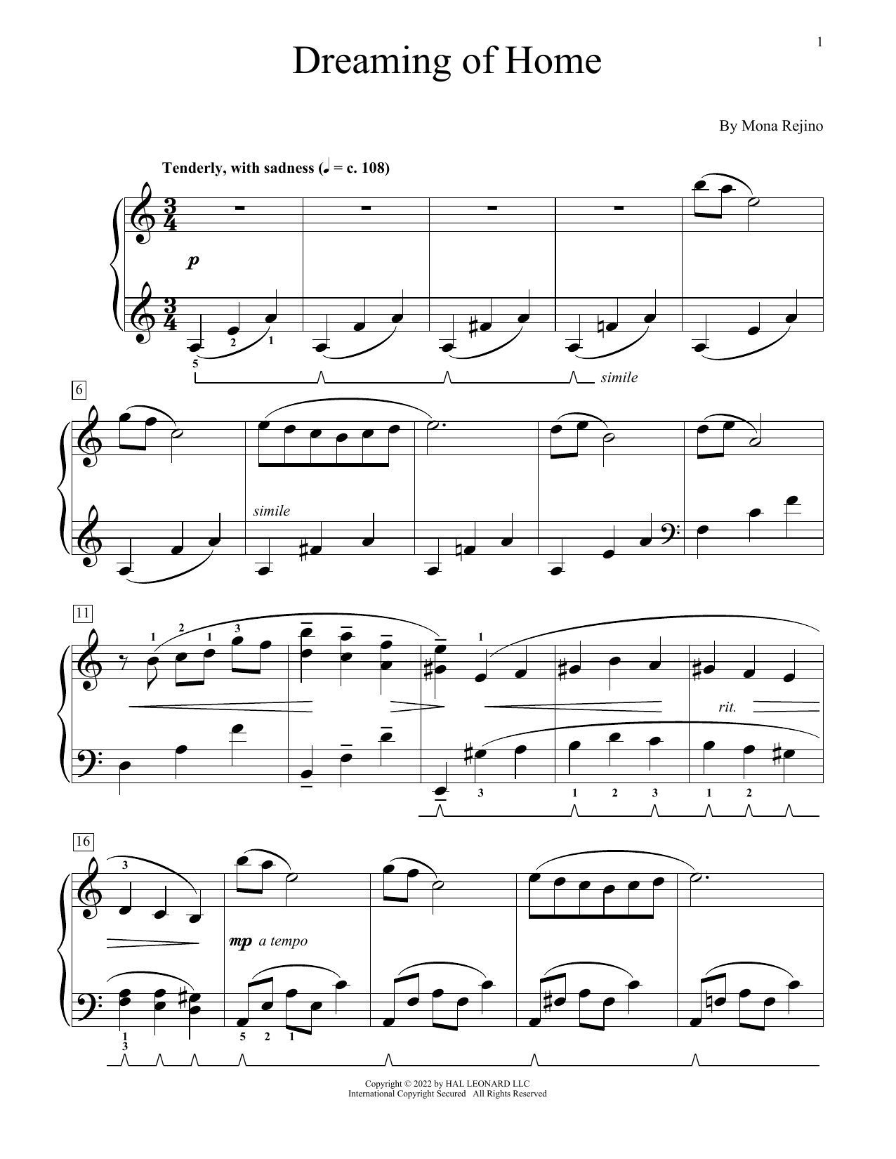 Mona Rejino Dreaming Of Home sheet music notes and chords. Download Printable PDF.