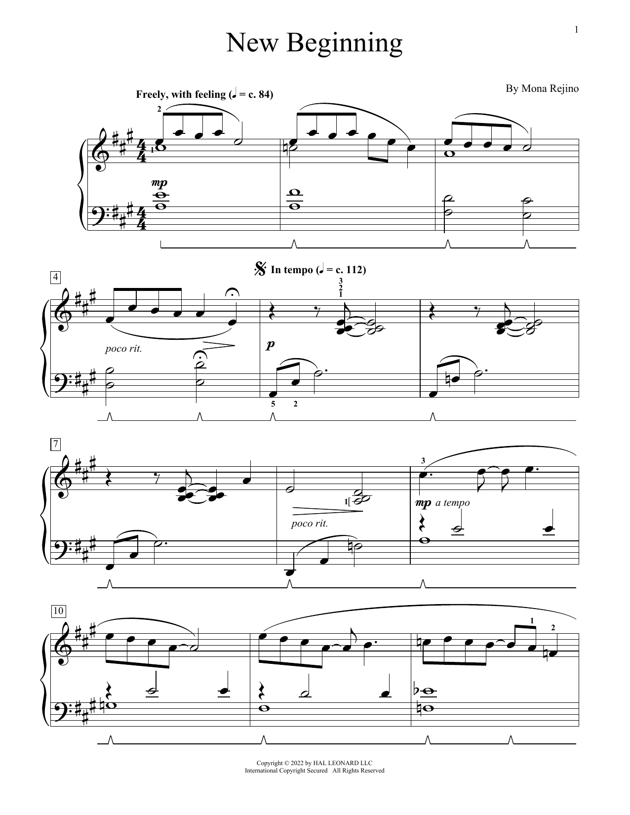 Mona Rejino New Beginning sheet music notes and chords. Download Printable PDF.