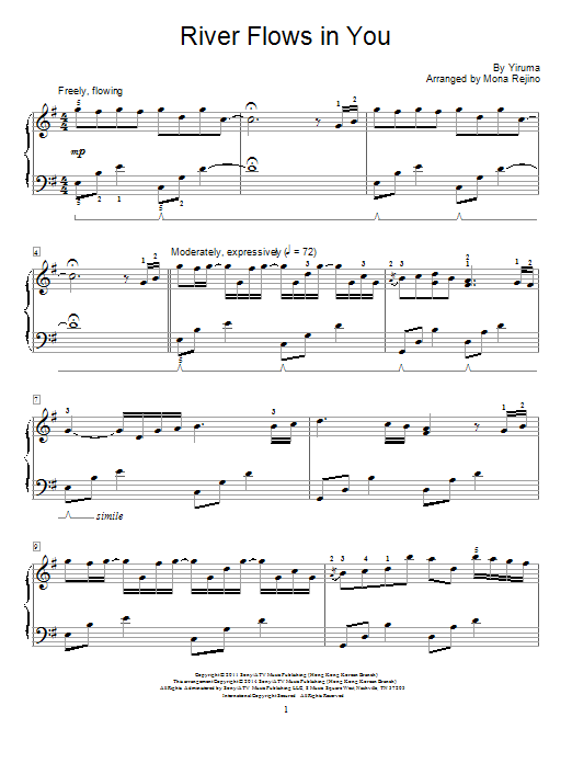 Mona Rejino River Flows In You sheet music notes and chords. Download Printable PDF.