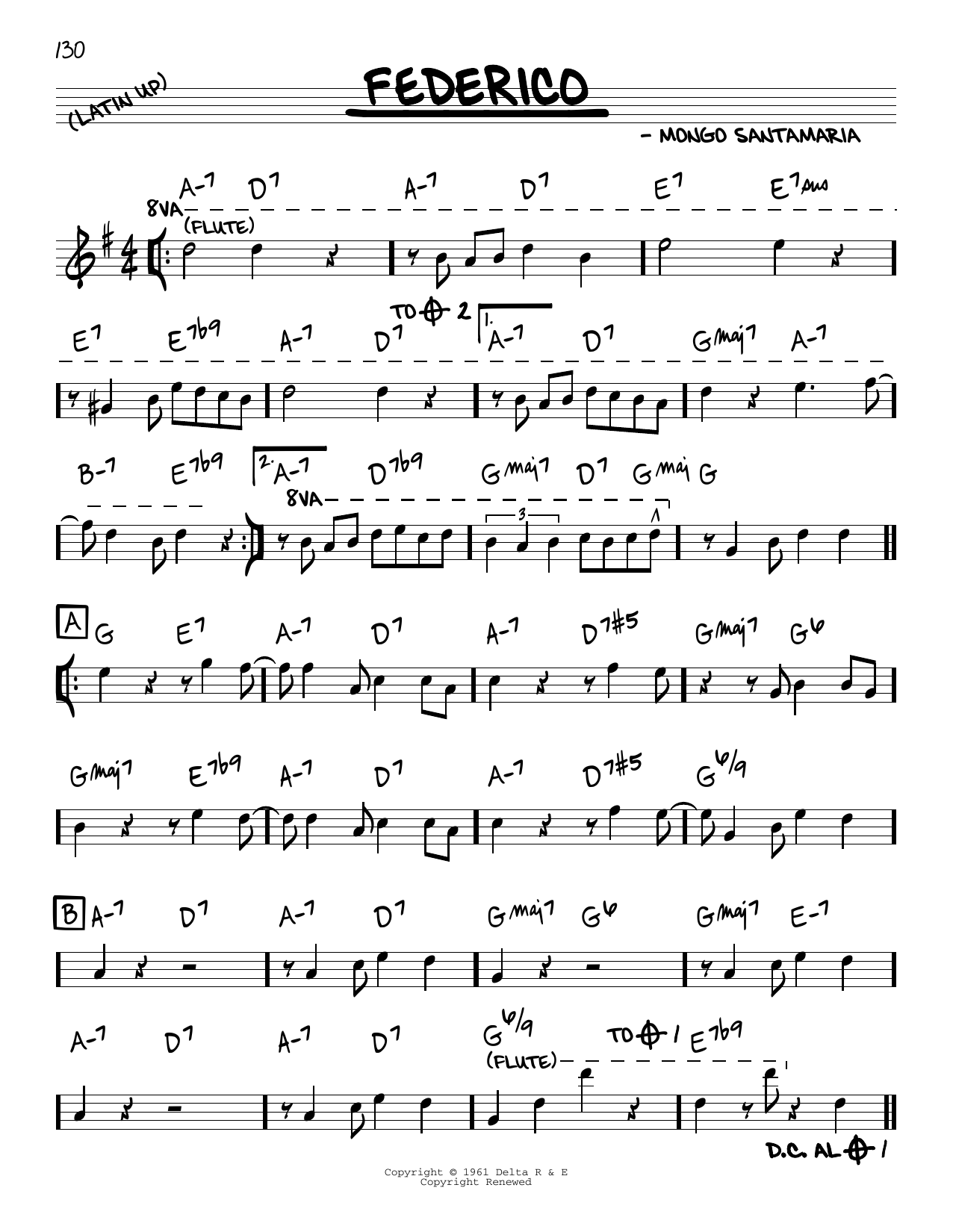 Learn to play Mongo Santamaria Federico sheet music for Real Book – Melody & Chords in minutes. Price: 5.9900$ Mongo Santamaria Federico sheet music notes and chords arranged for Real Book – Melody & Chords