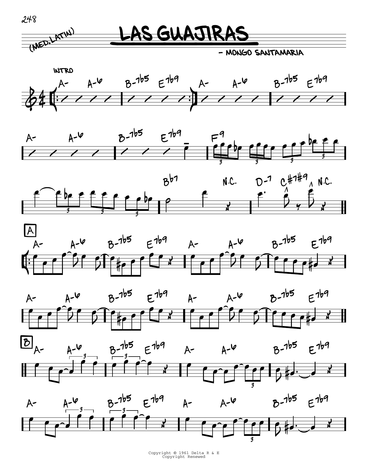 Learn to play Mongo Santamaria Las Guajiras sheet music for Real Book – Melody & Chords in minutes. Price: 5.9900$ Mongo Santamaria Las Guajiras sheet music notes and chords arranged for Real Book – Melody & Chords