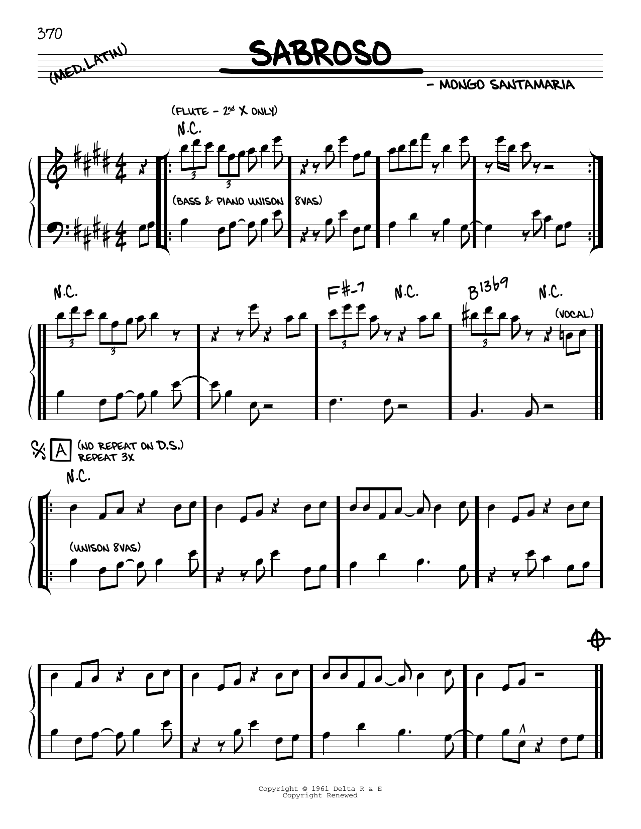 Learn to play Mongo Santamaria Sabroso sheet music for Real Book – Melody & Chords in minutes. Price: 5.9900$ Mongo Santamaria Sabroso sheet music notes and chords arranged for Real Book – Melody & Chords