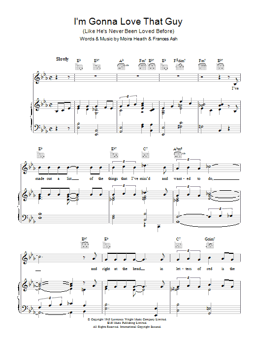 Learn to play Monica Lewis I'm Gonna Love That Guy (Like He's Never Been Loved Before) sheet music for Piano, Vocal & Guitar Chords in minutes. Price: 7.8900$ Monica Lewis I'm Gonna Love That Guy (Like He's Never Been Loved Before) sheet music notes and chords arranged for Piano, Vocal & Guitar Chords