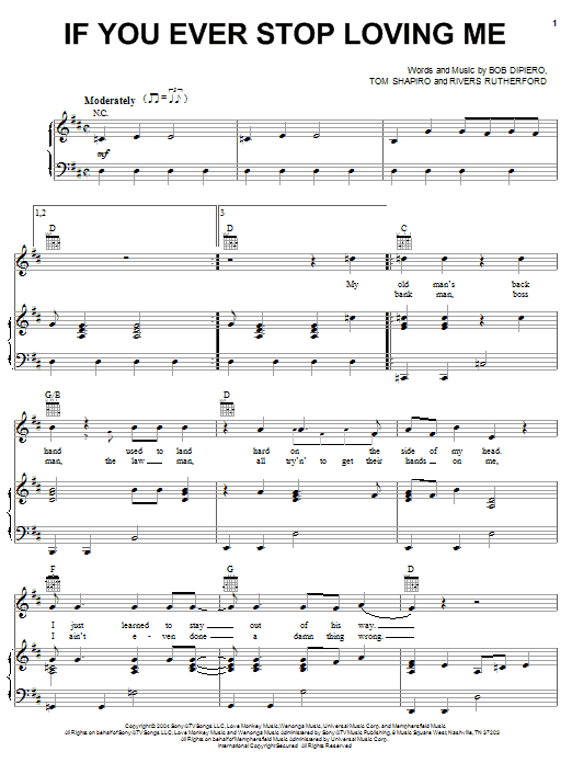 Learn to play Montgomery Gentry If You Ever Stop Loving Me sheet music for Piano, Vocal & Guitar Chords (Right-Hand Melody) in minutes. Price: 7.8900$ Montgomery Gentry If You Ever Stop Loving Me sheet music notes and chords arranged for Piano, Vocal & Guitar Chords (Right-Hand Melody)