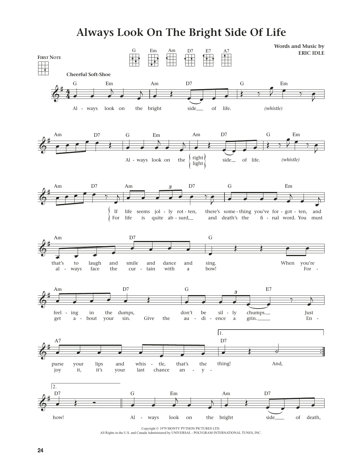 Monty Python Always Look On The Bright Side Of Life (from The Daily Ukulele) (arr. Jim Beloff) sheet music notes and chords. Download Printable PDF.