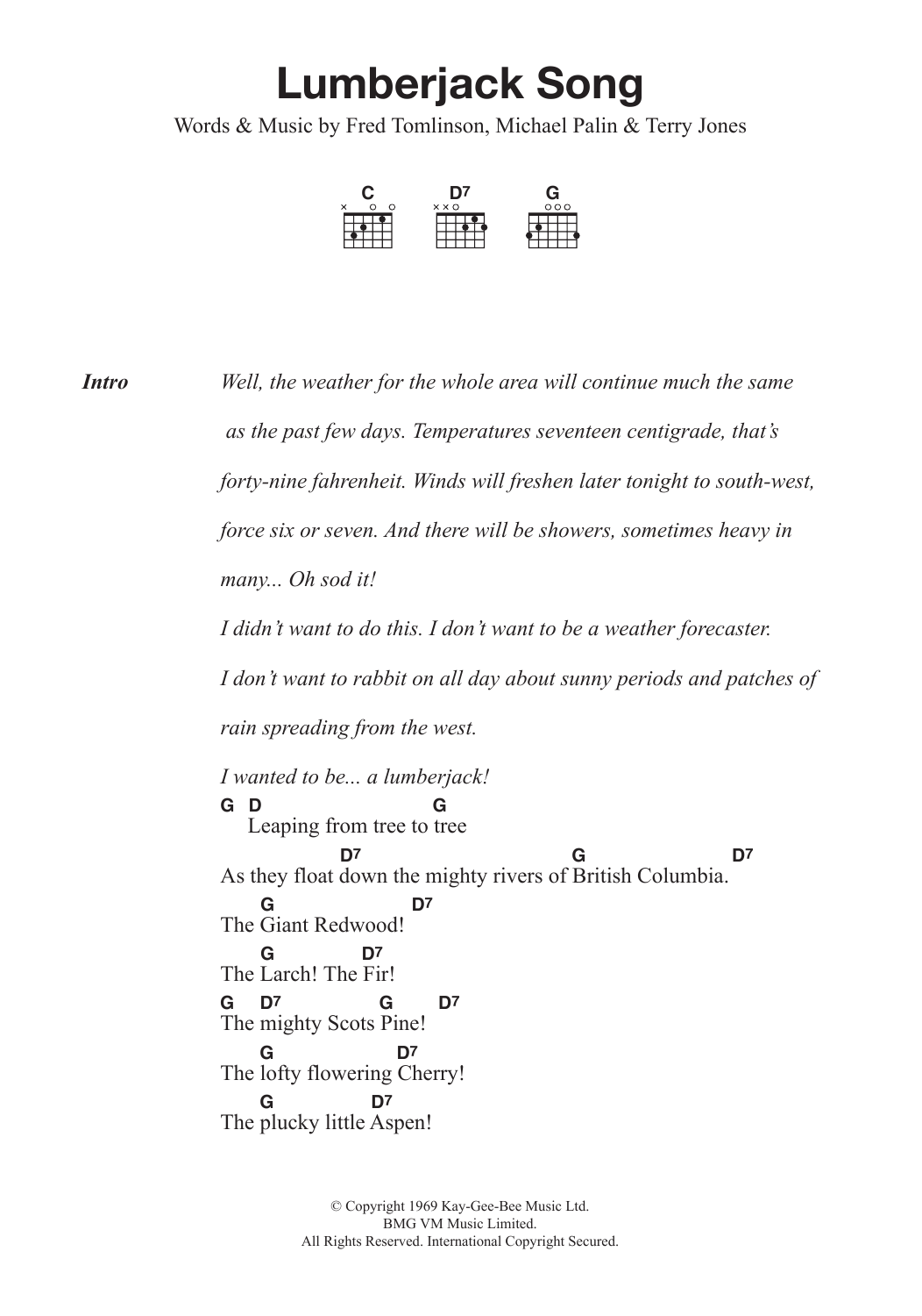 Monty Python Lumberjack Song sheet music notes and chords. Download Printable PDF.