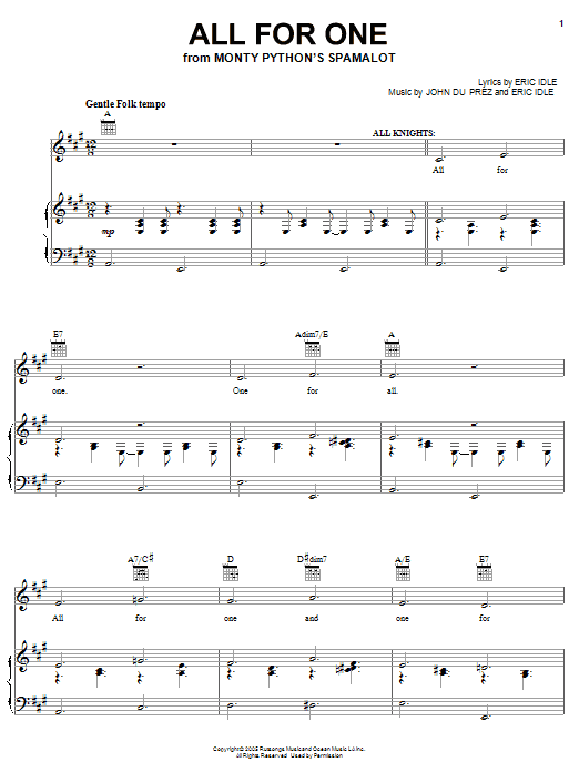 Learn to play Monty Python's Spamalot All For One sheet music for Piano, Vocal & Guitar Chords (Right-Hand Melody) in minutes. Price: 7.8900$ Monty Python's Spamalot All For One sheet music notes and chords arranged for Piano, Vocal & Guitar Chords (Right-Hand Melody)