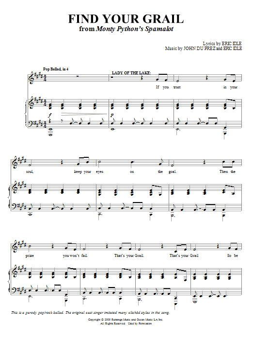 Learn to play Monty Python's Spamalot Find Your Grail sheet music for Piano, Vocal & Guitar Chords (Right-Hand Melody) in minutes. Price: 7.8900$ Monty Python's Spamalot Find Your Grail sheet music notes and chords arranged for Piano, Vocal & Guitar Chords (Right-Hand Melody)