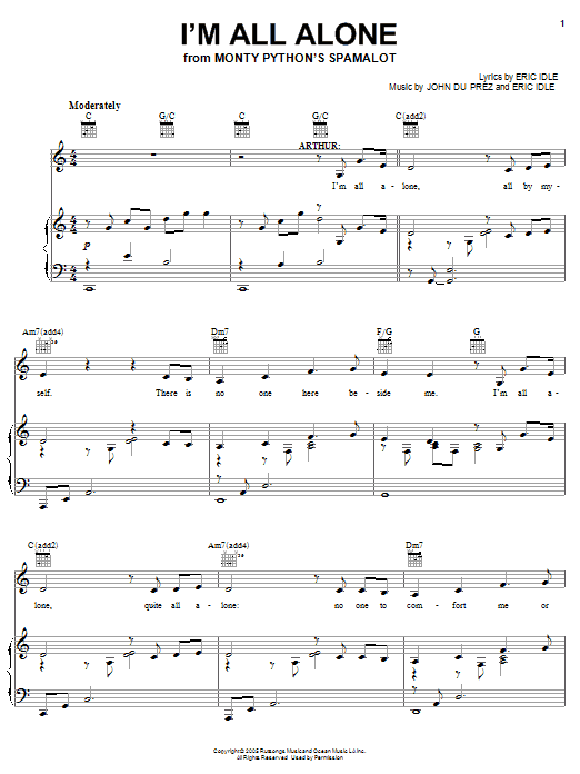 Monty Python's Spamalot I'm All Alone sheet music notes and chords. Download Printable PDF.