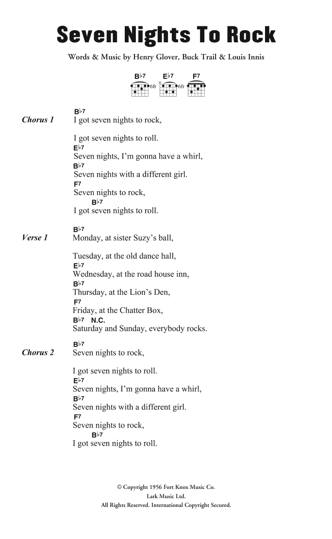 Moon Mullican Seven Nights To Rock sheet music notes and chords. Download Printable PDF.