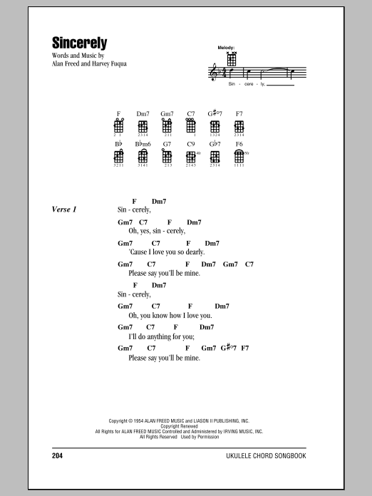 Learn to play Moonglows Sincerely sheet music for Ukulele Chords/Lyrics in minutes. Price: 4.4900$ Moonglows Sincerely sheet music notes and chords arranged for Ukulele Chords/Lyrics